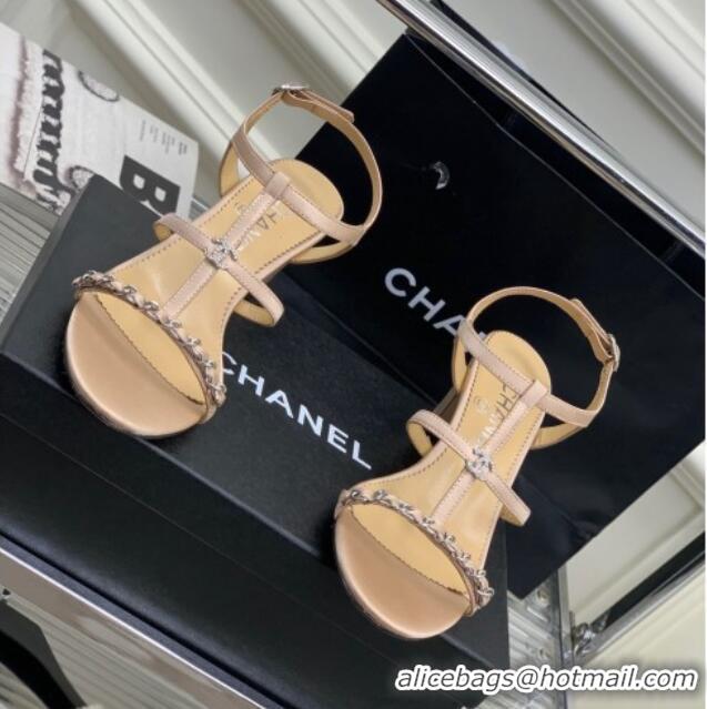 Charming Chanel Lambskin Heel Sandals 4.5cm with Chain and Crystal CC G39645 Beige 327028