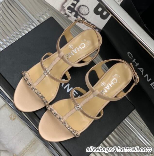 Charming Chanel Lambskin Heel Sandals 4.5cm with Chain and Crystal CC G39645 Beige 327028