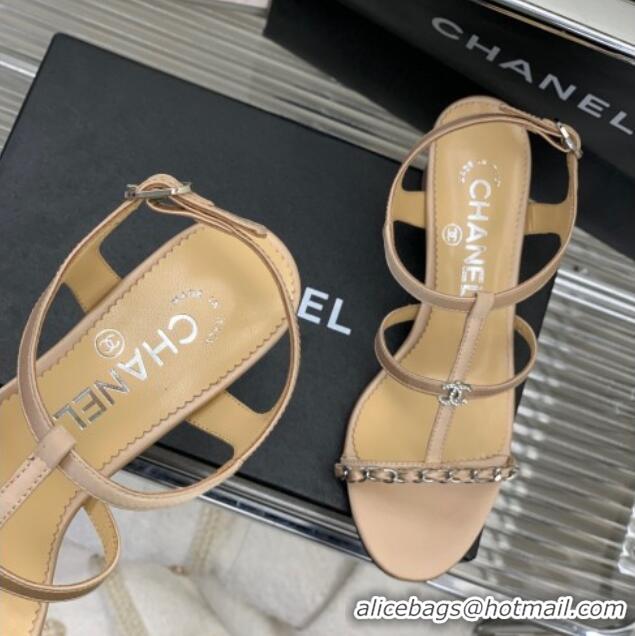 Charming Chanel Lambskin Heel Sandals 4.5cm with Chain and Crystal CC G39645 Beige 327028