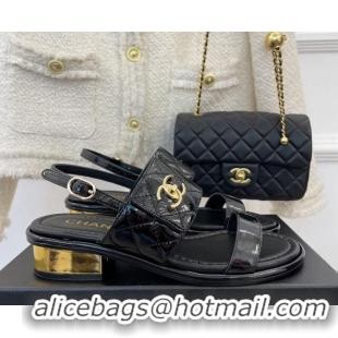 Discount Chanel Patent Leather Heel Sandals 3cm with CC Foldover Black 327030