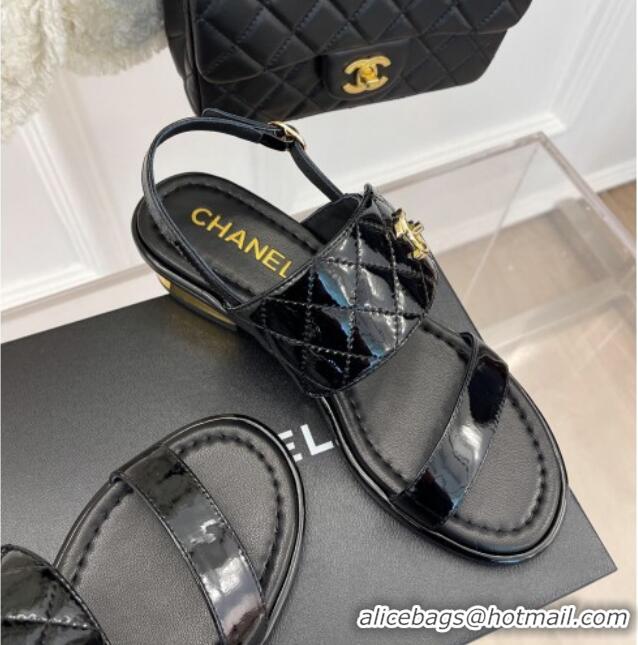 Discount Chanel Patent Leather Heel Sandals 3cm with CC Foldover Black 327030