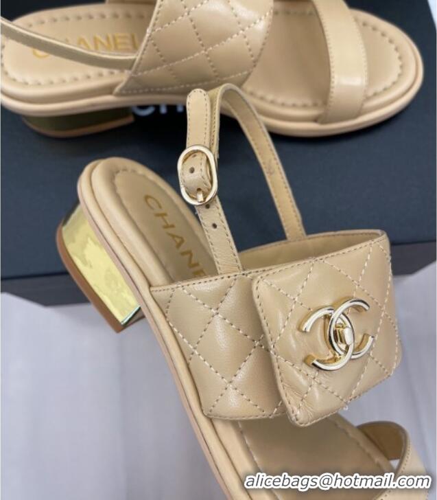 Luxury Cheap Chanel Patent Leather Heel Sandals 3cm with CC Foldover Beige 327031