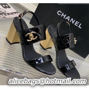 Hot Style Chanel Patent Leather Heel Sandals 7cm with CC Foldover Black 327033