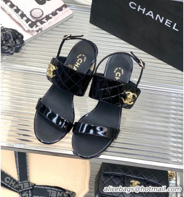 Hot Style Chanel Patent Leather Heel Sandals 7cm with CC Foldover Black 327033