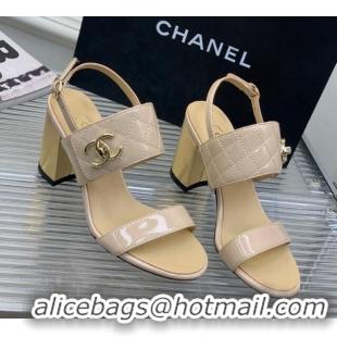 Trendy Design Chanel Patent Leather Heel Sandals 7cm with CC Foldover Nude/Beige 327034