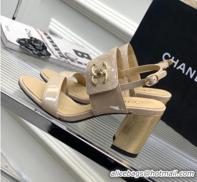 Trendy Design Chanel Patent Leather Heel Sandals 7cm with CC Foldover Nude/Beige 327034