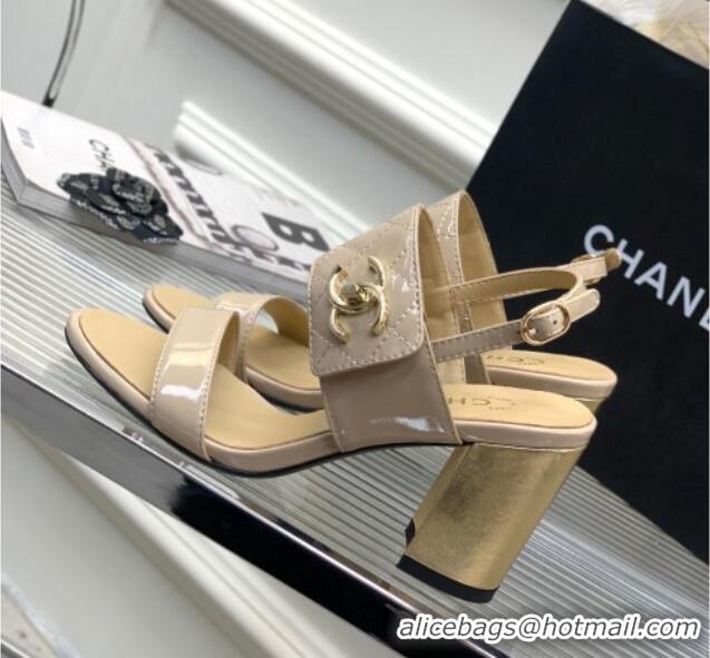 Trendy Design Chanel Patent Leather Heel Sandals 7cm with CC Foldover Nude/Beige 327034