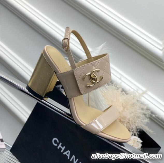 Trendy Design Chanel Patent Leather Heel Sandals 7cm with CC Foldover Nude/Beige 327034