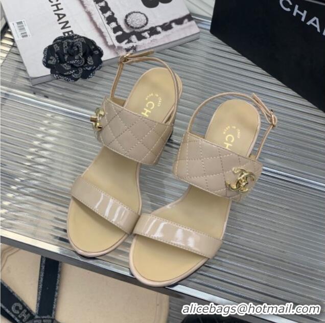 Trendy Design Chanel Patent Leather Heel Sandals 7cm with CC Foldover Nude/Beige 327034