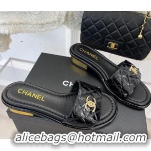 Cheap Price Chanel Patent Leather Slide Sandals 3cm with CC Foldover Black 327035