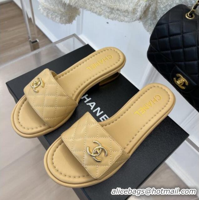 Good Product Chanel Patent Leather Slide Sandals 3cm with CC Foldover Beige 327036