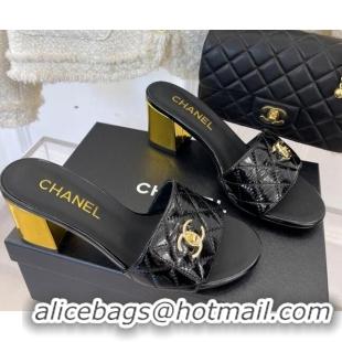 Low Price Chanel Patent Leather Slide Sandals 7cm with CC Foldover Black 327038