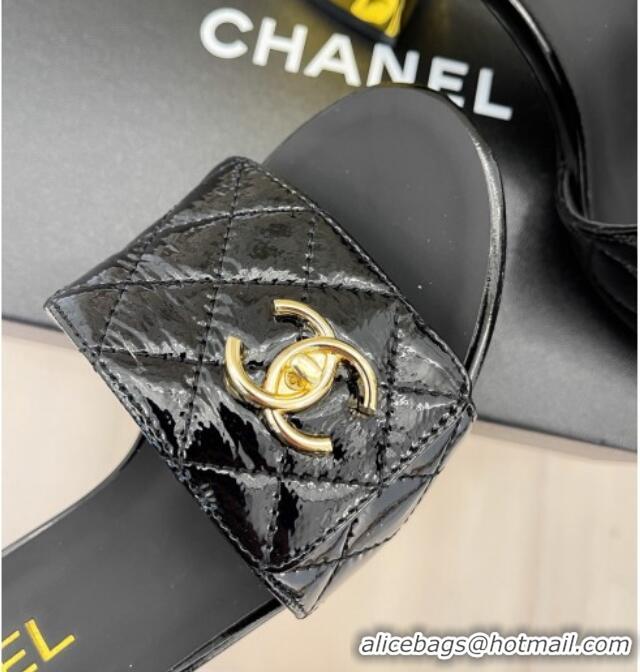 Low Price Chanel Patent Leather Slide Sandals 7cm with CC Foldover Black 327038