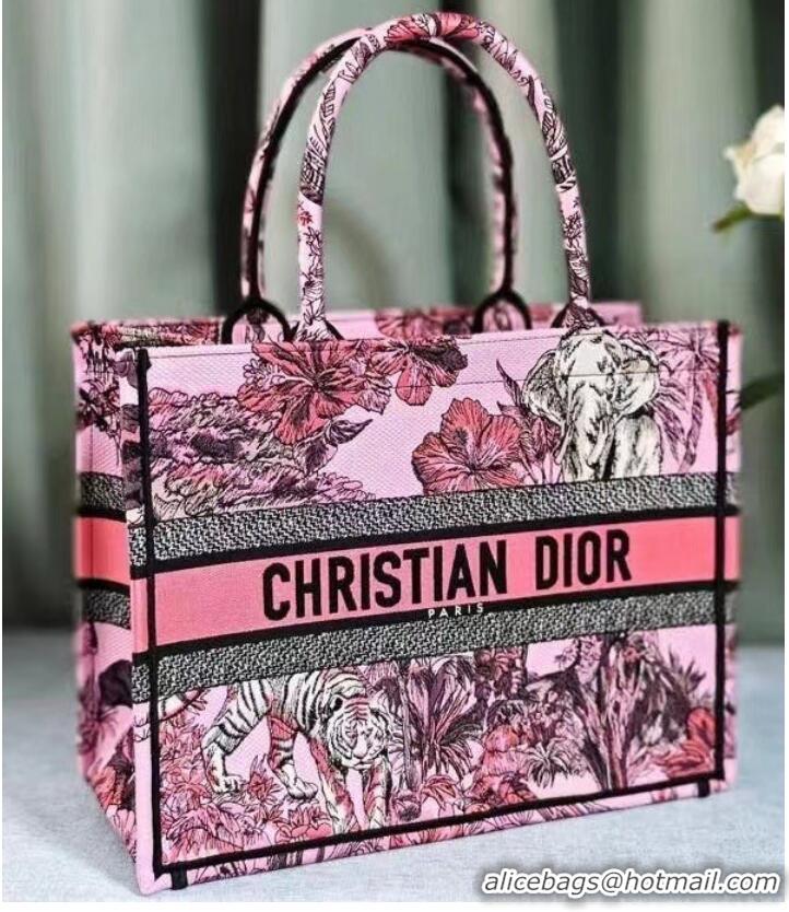 Famous Brand MEDIUM DIOR BOOK TOTE Pink Multicolor Toile de Jouy Voyage Embroidery M1296ZEUP