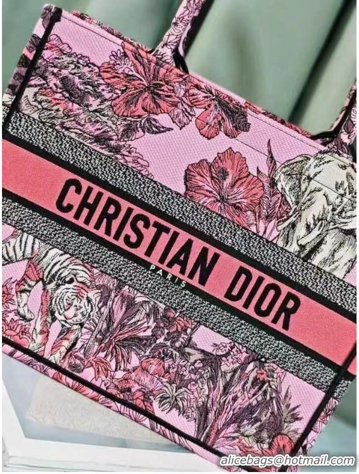 Famous Brand MEDIUM DIOR BOOK TOTE Pink Multicolor Toile de Jouy Voyage Embroidery M1296ZEUP