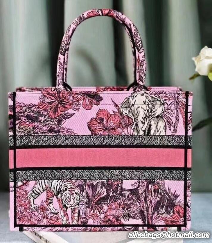 Famous Brand MEDIUM DIOR BOOK TOTE Pink Multicolor Toile de Jouy Voyage Embroidery M1296ZEUP