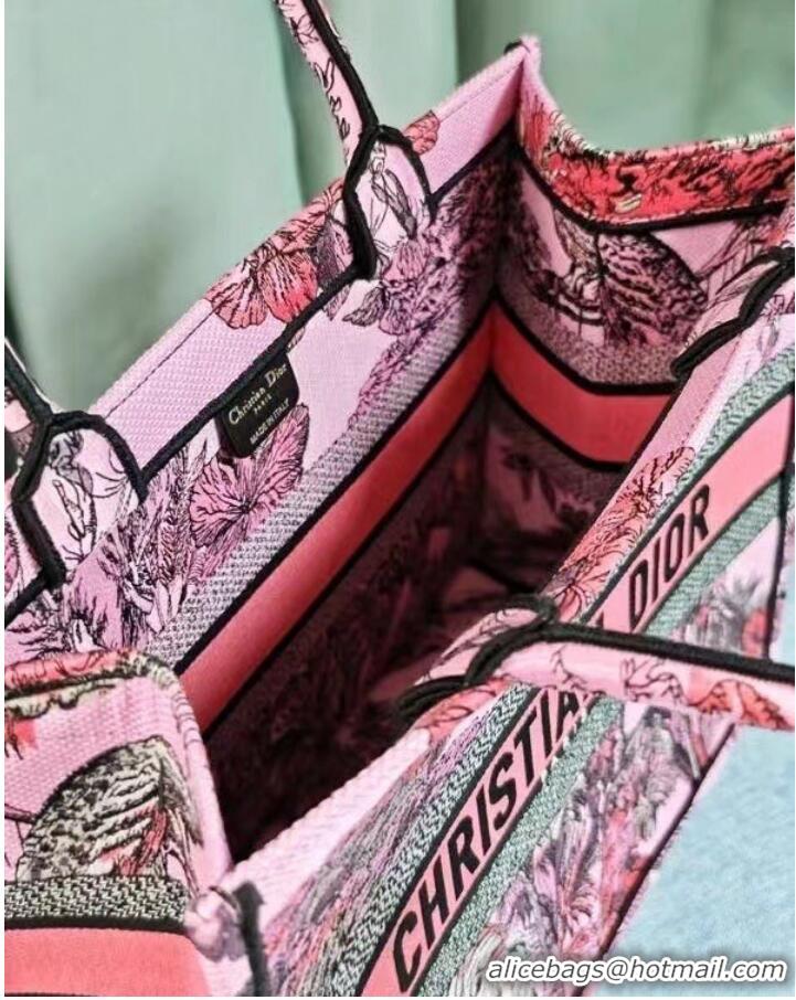 Famous Brand MEDIUM DIOR BOOK TOTE Pink Multicolor Toile de Jouy Voyage Embroidery M1296ZEUP