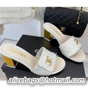 Best Grade Chanel Patent Leather Slide Sandals 7cm with CC Foldover White 327040