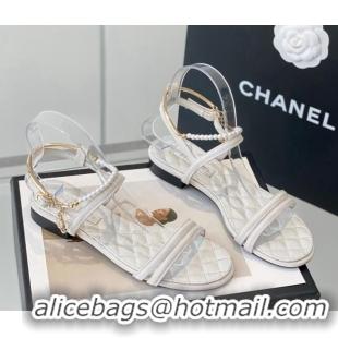 Good Quality Chanel Fabric & Leather Flat Sandals with Pearl Ankle Strap White 327041