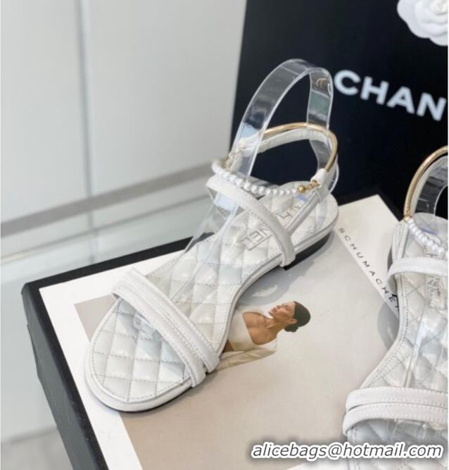 Good Quality Chanel Fabric & Leather Flat Sandals with Pearl Ankle Strap White 327041