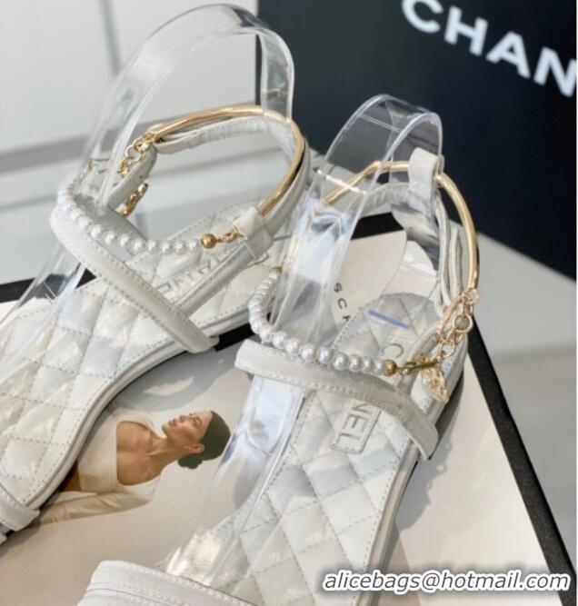 Good Quality Chanel Fabric & Leather Flat Sandals with Pearl Ankle Strap White 327041