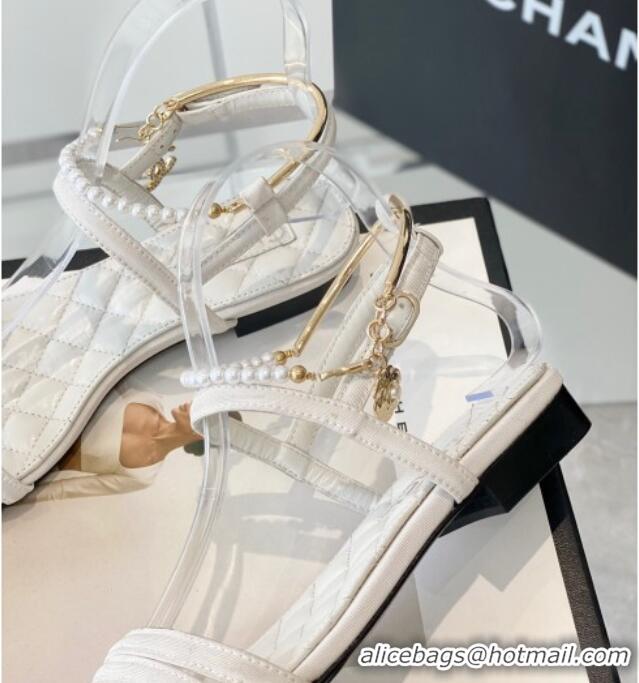 Good Quality Chanel Fabric & Leather Flat Sandals with Pearl Ankle Strap White 327041