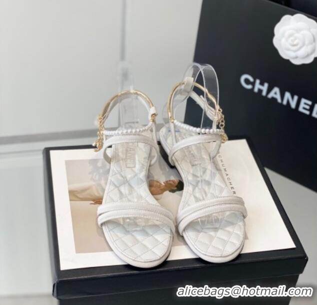 Good Quality Chanel Fabric & Leather Flat Sandals with Pearl Ankle Strap White 327041