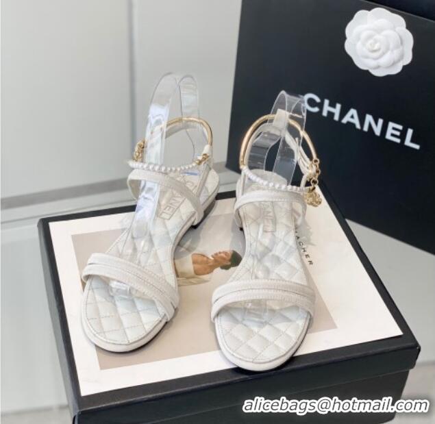 Good Quality Chanel Fabric & Leather Flat Sandals with Pearl Ankle Strap White 327041