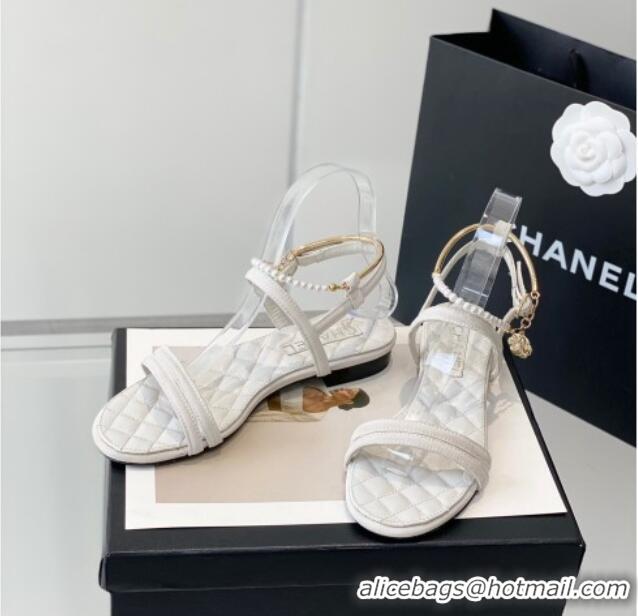 Good Quality Chanel Fabric & Leather Flat Sandals with Pearl Ankle Strap White 327041