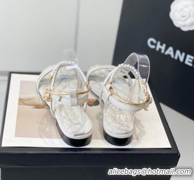 Good Quality Chanel Fabric & Leather Flat Sandals with Pearl Ankle Strap White 327041