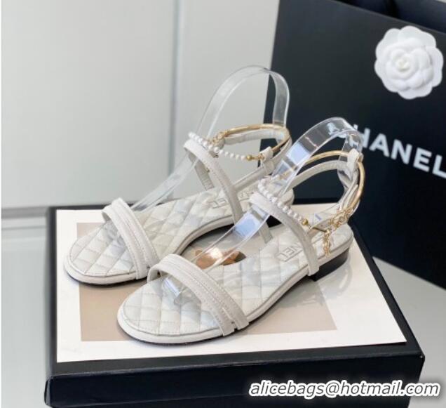 Good Quality Chanel Fabric & Leather Flat Sandals with Pearl Ankle Strap White 327041