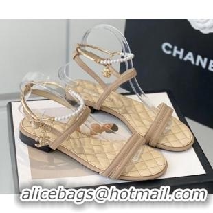 Purchase Chanel Fabric & Leather Flat Sandals with Pearl Ankle Strap Beige 327042