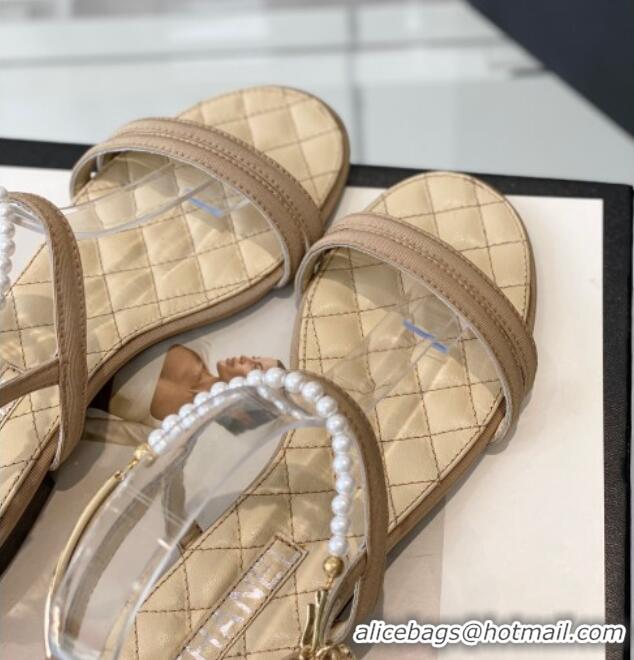 Purchase Chanel Fabric & Leather Flat Sandals with Pearl Ankle Strap Beige 327042