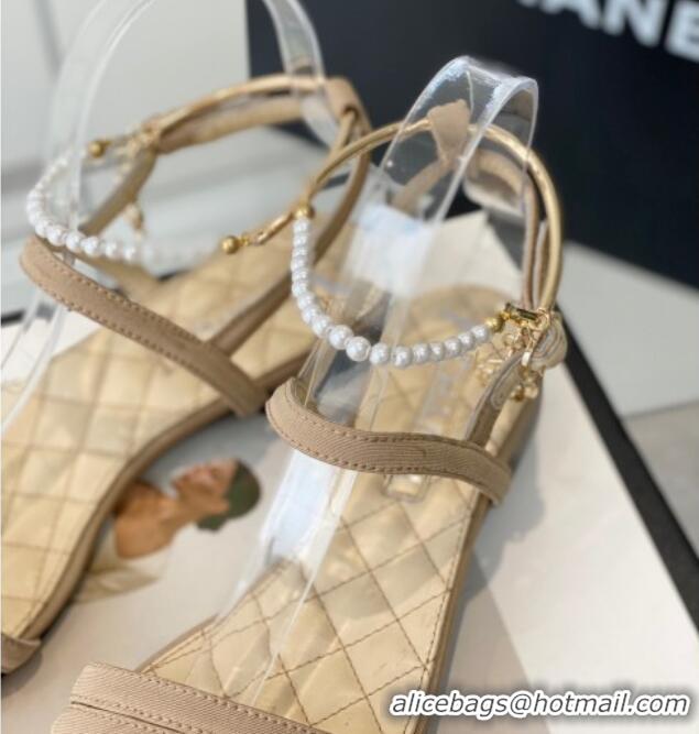 Purchase Chanel Fabric & Leather Flat Sandals with Pearl Ankle Strap Beige 327042