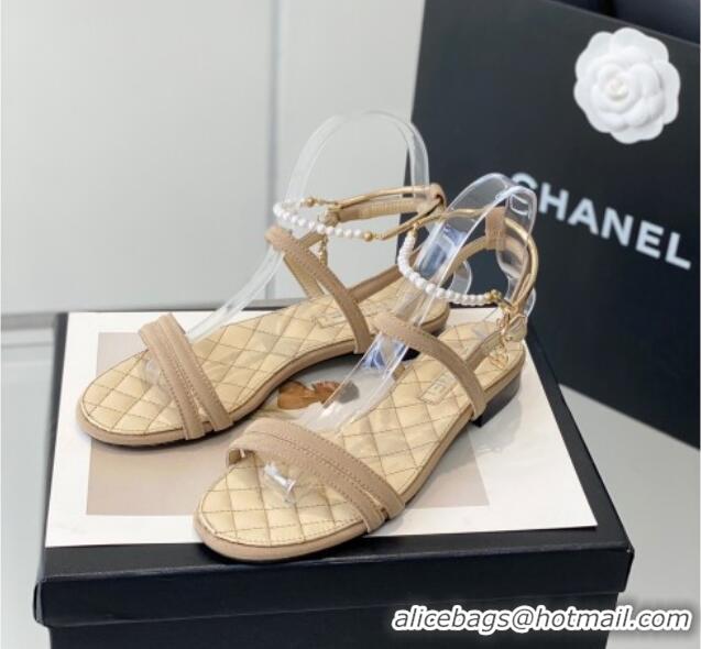 Purchase Chanel Fabric & Leather Flat Sandals with Pearl Ankle Strap Beige 327042