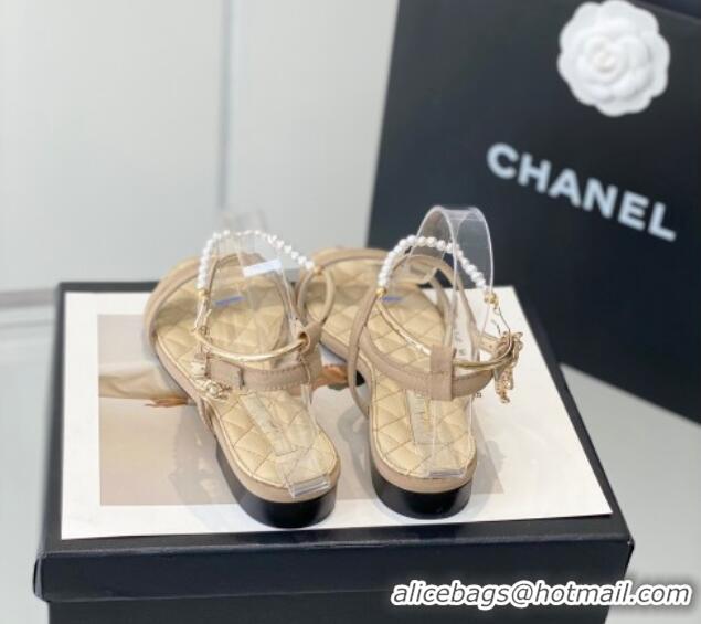 Purchase Chanel Fabric & Leather Flat Sandals with Pearl Ankle Strap Beige 327042