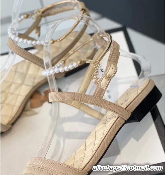 Purchase Chanel Fabric & Leather Flat Sandals with Pearl Ankle Strap Beige 327042