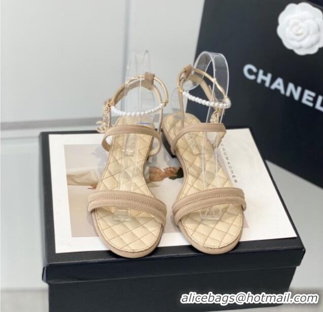 Purchase Chanel Fabric & Leather Flat Sandals with Pearl Ankle Strap Beige 327042