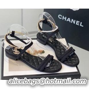 Best Price Chanel Fabric & Leather Flat Sandals with Pearl Ankle Strap Black 327043