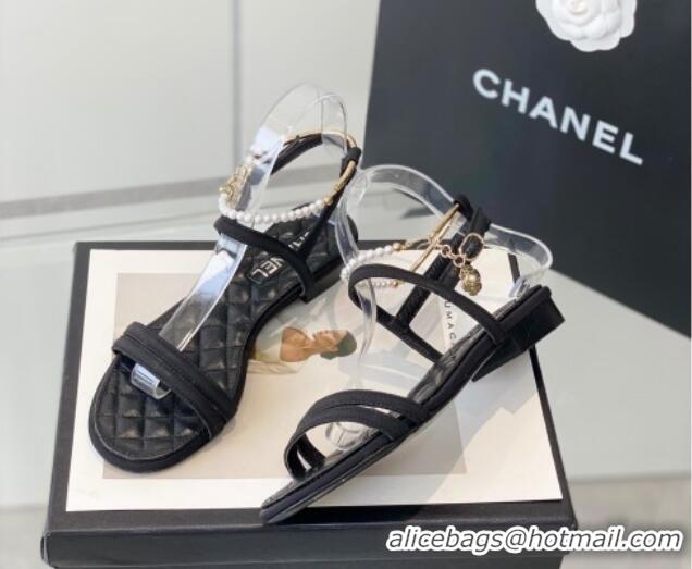 Best Price Chanel Fabric & Leather Flat Sandals with Pearl Ankle Strap Black 327043