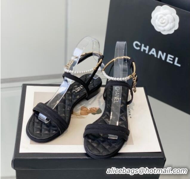 Best Price Chanel Fabric & Leather Flat Sandals with Pearl Ankle Strap Black 327043