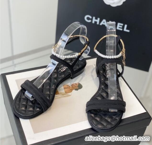 Best Price Chanel Fabric & Leather Flat Sandals with Pearl Ankle Strap Black 327043