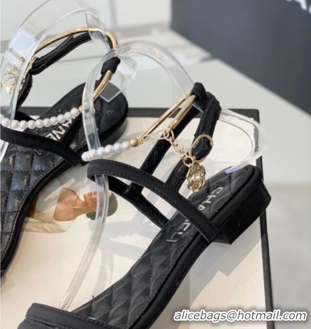 Best Price Chanel Fabric & Leather Flat Sandals with Pearl Ankle Strap Black 327043