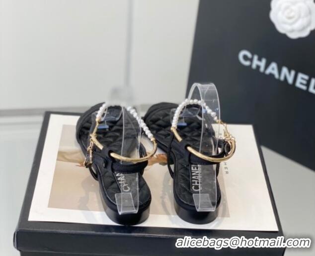 Best Price Chanel Fabric & Leather Flat Sandals with Pearl Ankle Strap Black 327043