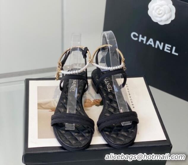 Best Price Chanel Fabric & Leather Flat Sandals with Pearl Ankle Strap Black 327043