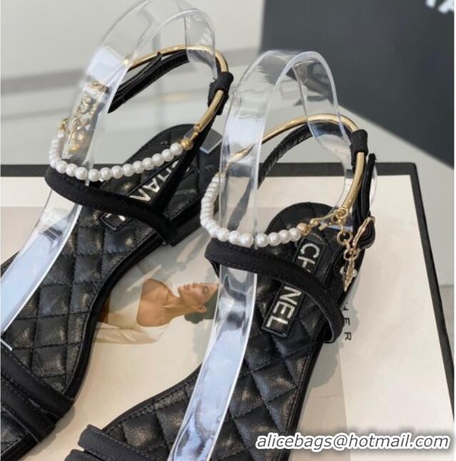 Best Price Chanel Fabric & Leather Flat Sandals with Pearl Ankle Strap Black 327043