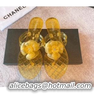 Grade Quality Chanel Camellia Bloom PVC Flat Thong Sandals Yellow 327044