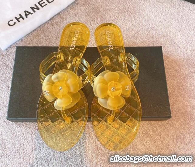 Grade Quality Chanel Camellia Bloom PVC Flat Thong Sandals Yellow 327044