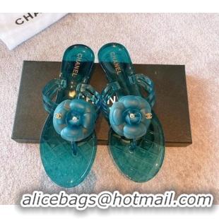 Stylish Chanel Camellia Bloom PVC Flat Thong Sandals Green 0327045