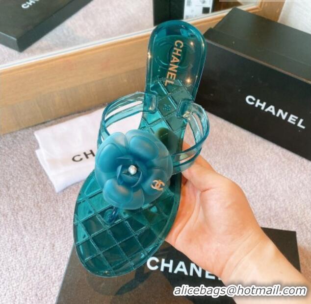 Stylish Chanel Camellia Bloom PVC Flat Thong Sandals Green 0327045